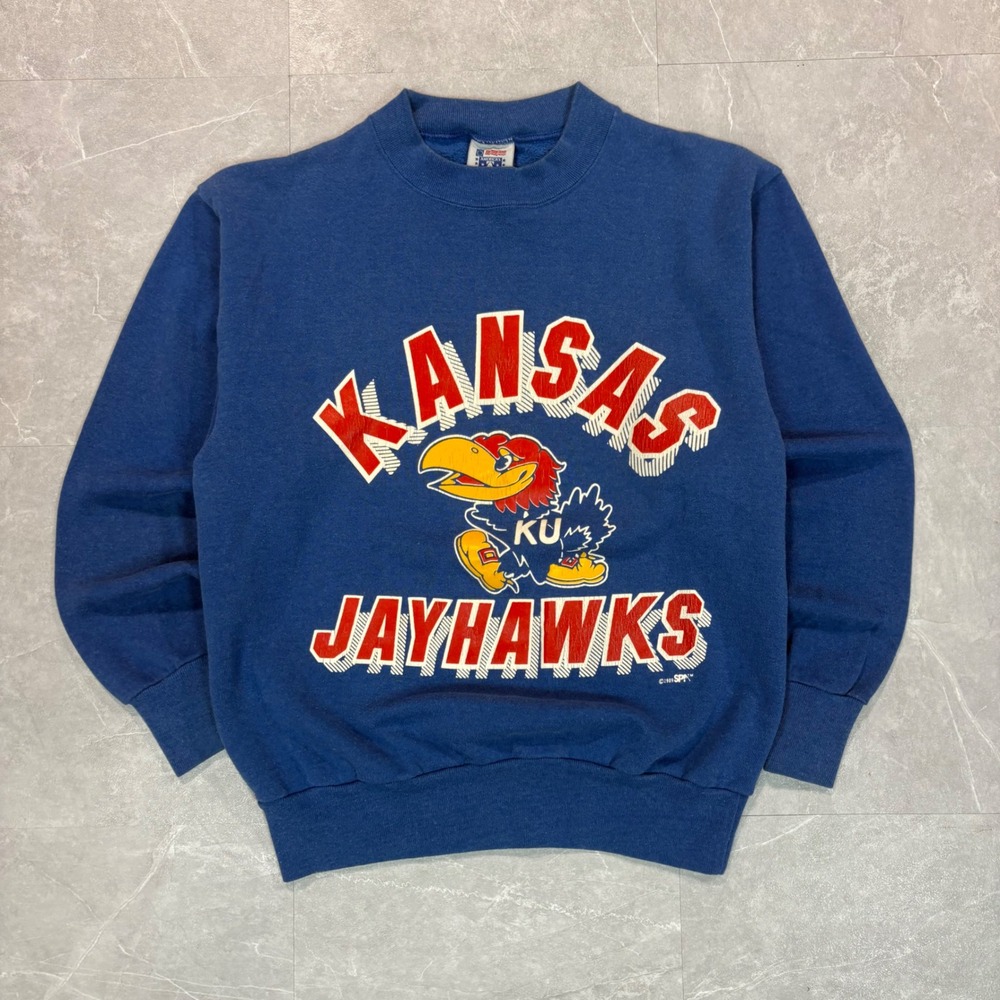 Vintage 1989 Kansas Jayhawks Sweatshirt Mens Medium Blue Made in USA 80s KU NCAA